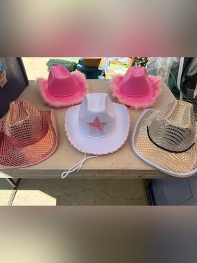 5 Dress-up Cowboy Hats in pink and/or silver, sequins and feather trim